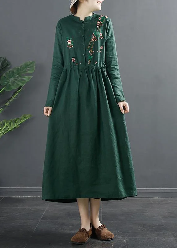 Women Green Embroidery Long Shirts Drawstring Dresses
