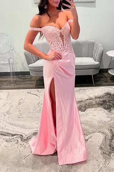 Pink Off-Shoulder Appliques Mermaid Prom Dress