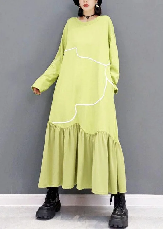 Women Light Green O-Neck Patchwork Holiday Dress Fall Long Sleeve