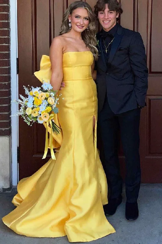 Yellow Strapless Empire Long Party Prom Dress With Train