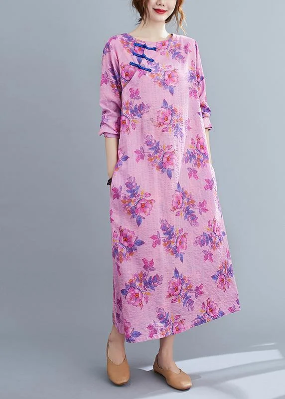 Bohemian O Neck Chinese Button Spring Pattern Purple Print Loose Dress