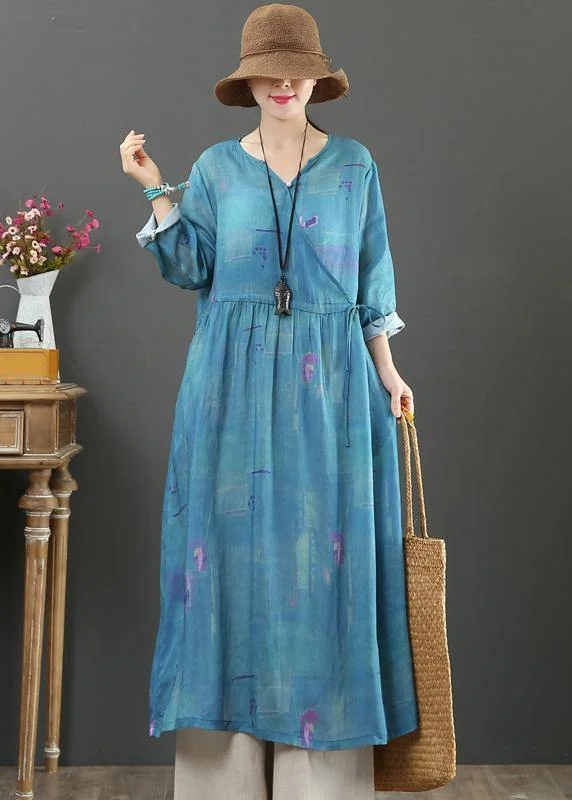 Modern V Neck Tie Waist Spring Outfit Shirts Navy Print Traveling Dress