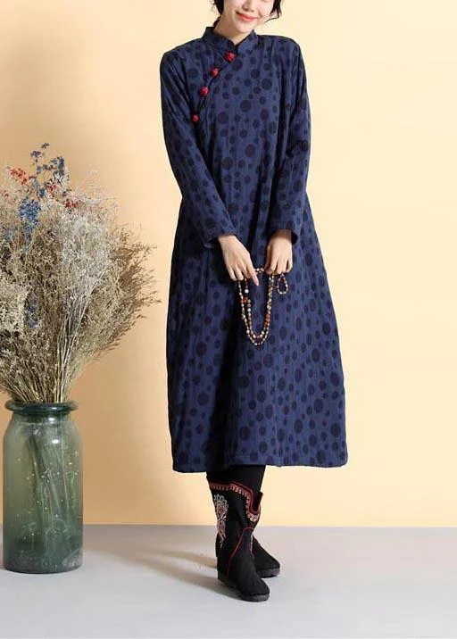 DIY Stand Collar Spring Quilting Dresses Work Outfits Navy Dotted Dress