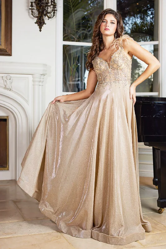 Adora 3094 Long Formal A Line Feather Prom Dress