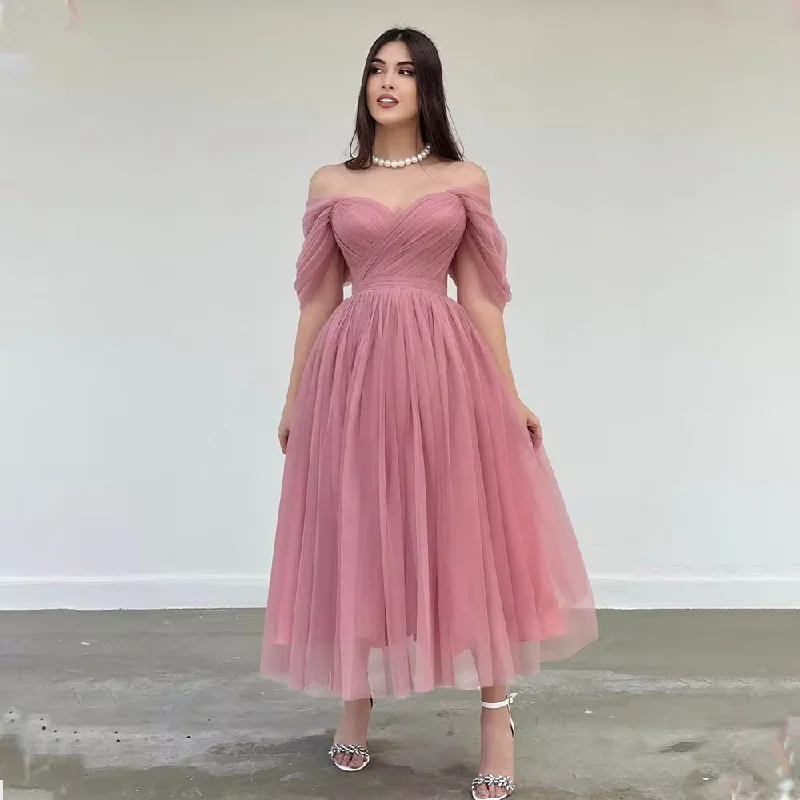 Dusty Pink Off The Shoulder Pleat Sweethart Tulle A Line Prom Dresses Custom Made Formal Bridal Grown 2024 Homecoming Wear Dusty Pink Off The Shoulder Pleat Sweethart Tulle A Line Prom Dresses Custom Made Formal Bridal Grown 2024 Homecoming Wear