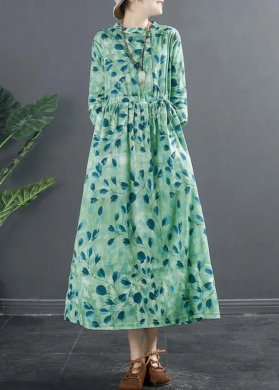 Natural Drawstring Dresses Photography Green Print A Line Dress