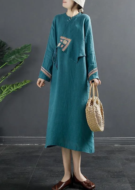 Chic Blue Embroidery Quilting Clothes Patchwork Loose Dresses