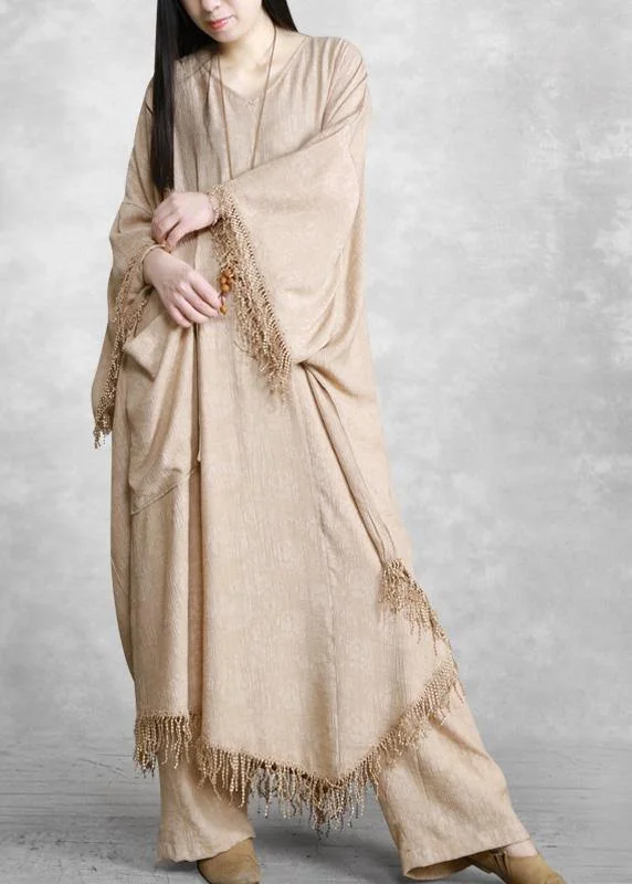 Plus Size Khaki Silk Linen Jacquard Tassel Dress Two Piece Set