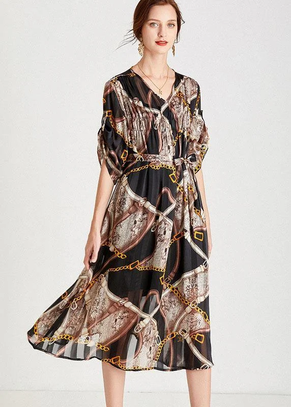 Modern Chains Black Tie Waist A Line Fall Chiffon Half Sleeve Vacation Dress