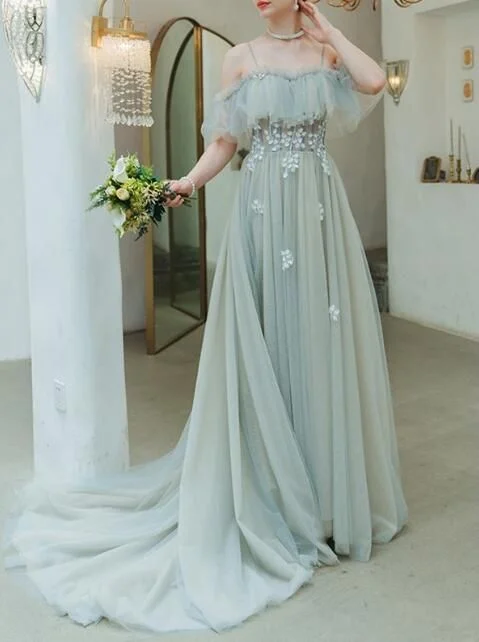 Illusive A-Line Tulle Sweep Train Prom Dresses   cg11700