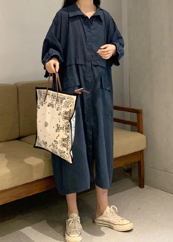 Handmade Lapel Pockets Spring Outfit Wardrobes Blue Dress