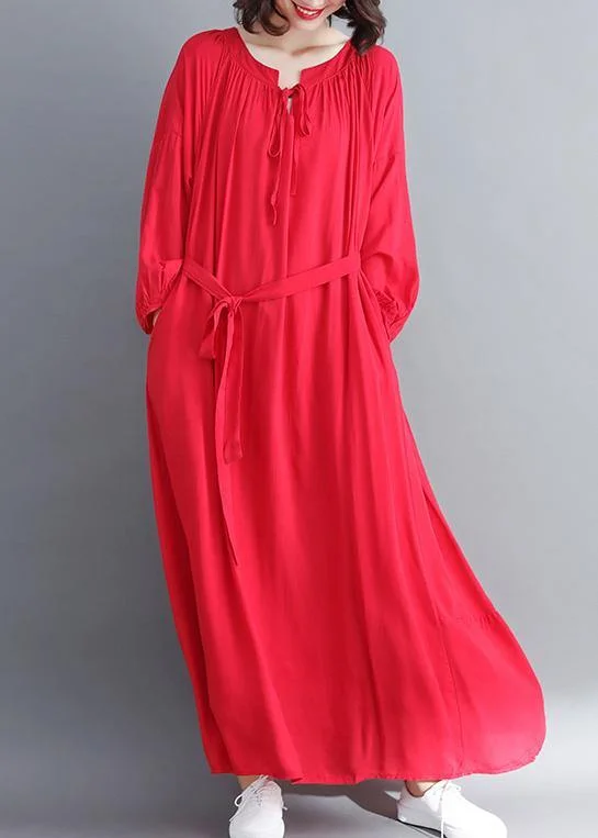 Women Red Quilting Dresses O Neck large hem Long Spring Dresses