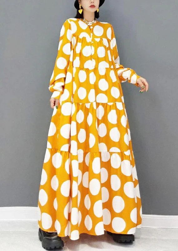 Fashion Yellow Button Print Fall Long Sleeve Holiday Dress
