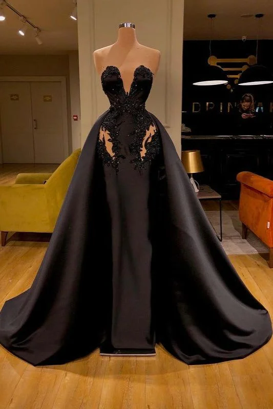 Black Sweetheart Overskirt Long Evening Dress With Appliques cc491