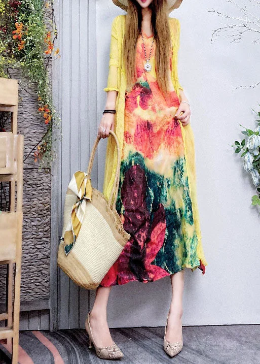Plus Size Fitted V Neck Print Linen Dress Spring