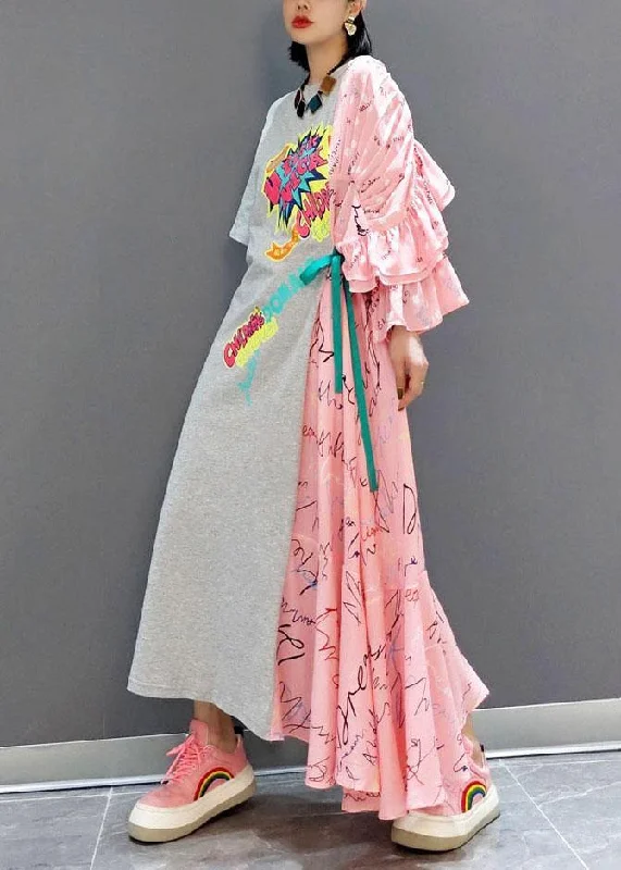 Boutique Patchwork O-Neck Print Half Sleeve Asymmetrical Design Fall Long Dress