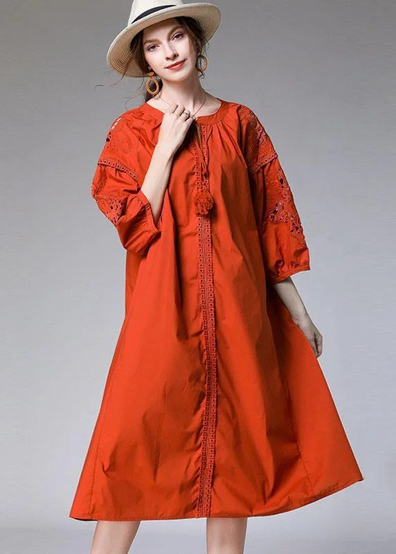 Simple Orange Three Quarter Sleeve Lace Solid Spring Holiday Dress