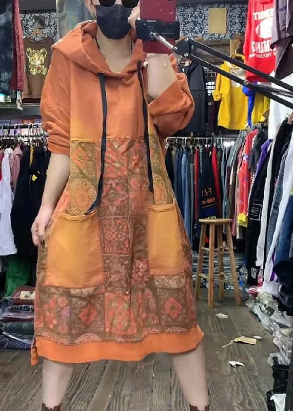 Women Orange Hooded Print Long Dresses Spring Cotton Dress