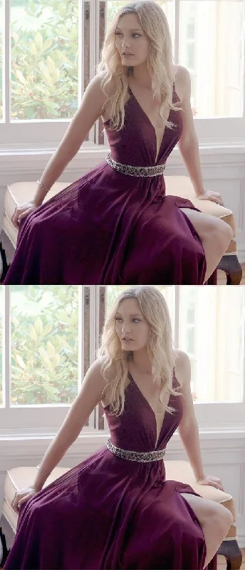 Straps Chiffon Long Prom Dress, Grape Prom Dress, Graduation Dress   cg11814