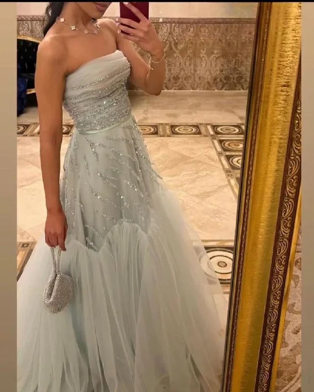 Tulle Sequined Prom Dress for Women Strapless Evening Gown Sparkly Birthday Party Floor Length cc558 Tulle Sequined Prom Dress for Women Strapless Evening Gown Sparkly Birthday Party Floor Length cc558