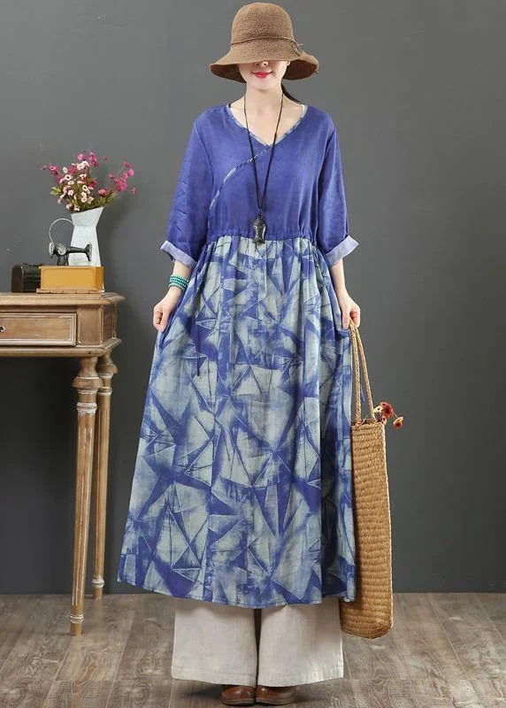 Chic V Neck Patchwork Spring Quilting Clothes Runway Purple Print Dress