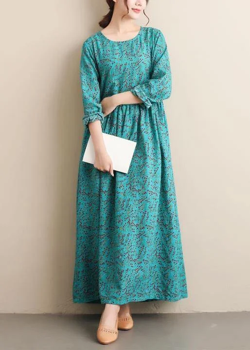 French Green Print Tunics O Neck Cinched Dresses  Dress