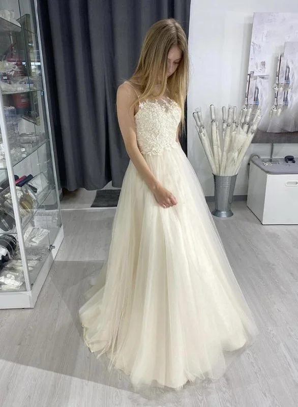 Champagne tulle lace long A line prom dress   cg11431