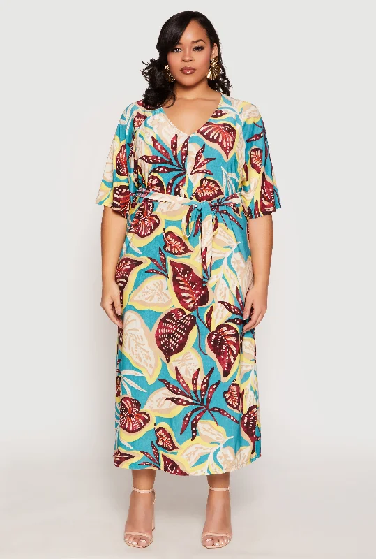 Plus Size Floral Tie Waist Belt Dress
