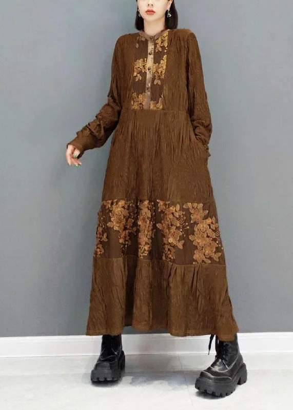 Fashion Brown O-Neck Button Embroideried Ankle Dress Fall Long Sleeve