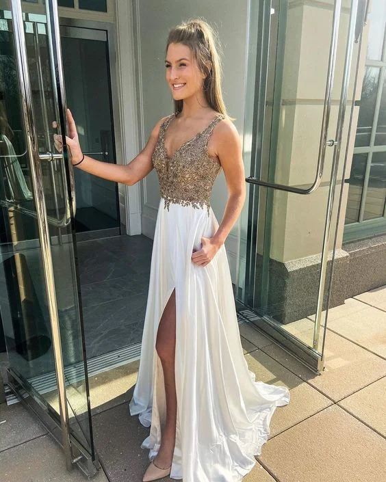 long deep v-neck satin prom dress with applique   cg11559