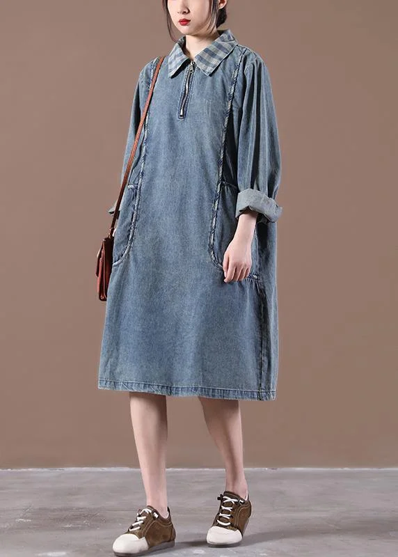 Beautiful Blue Tunics For Women Collar Long Spring Dress