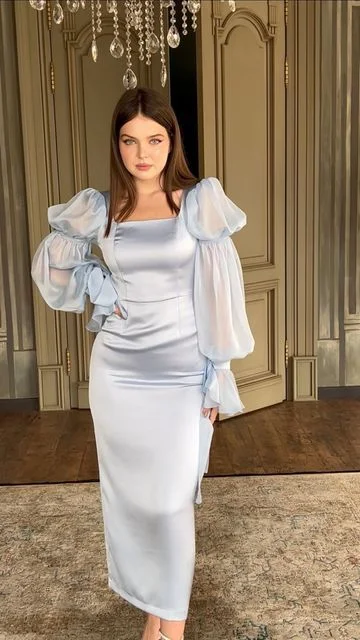 Blue Long Evening Dresses Square Neckline Long Sleeve Satin Dress cc591