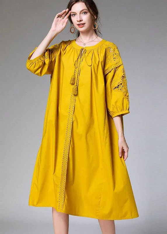 Beautiful Yellow Hollow Out Embroideried Spring Three Quarter Sleeve Mid Dress