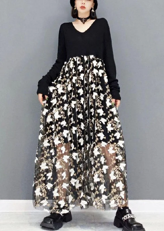 Plus Size Black V Neck Print Vacation Dresses Fall Long Sleeve