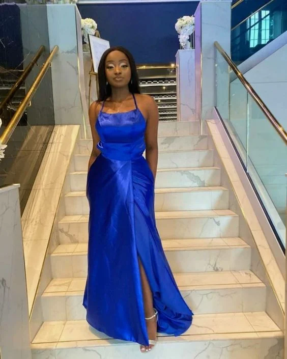 Royal Blue Prom Dress Satin Prom Dress Backless Evening Dress cc449