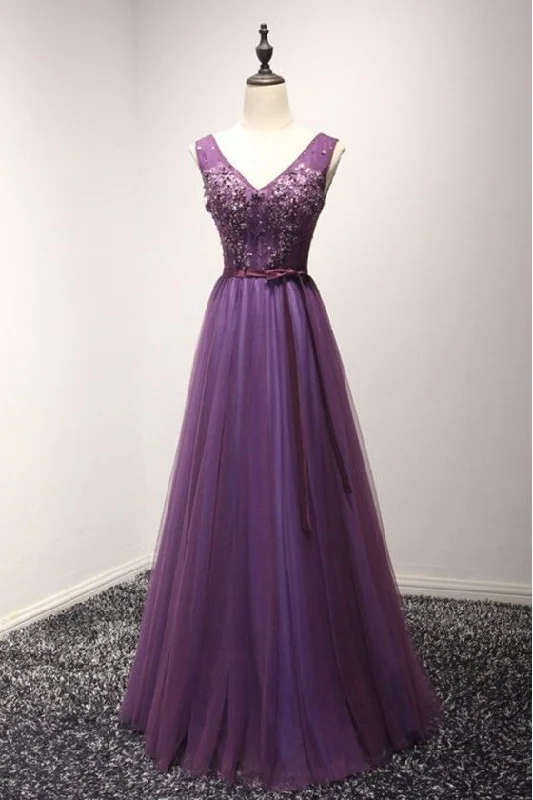 Gorgeous Purple Long Tulle Evening prom Dress With Beading For Women   cg11864