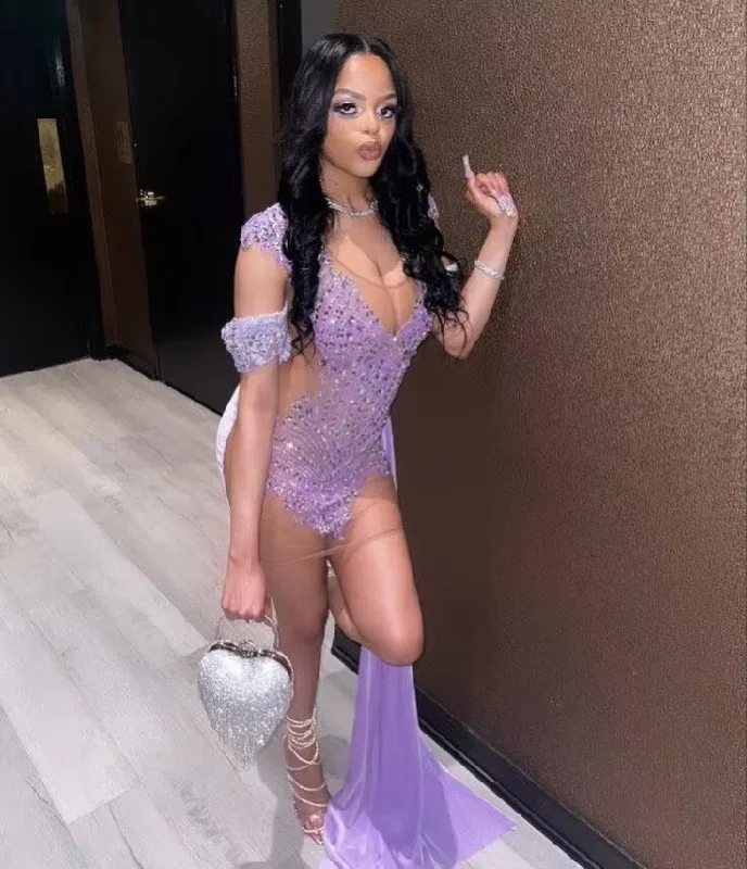 Purple Velvet Short Prom Dress for Black Girl Sparkly Diamond Crystal Beaded Sheer Mesh Birthday Homecoming Queen Gown Purple Velvet Short Prom Dress for Black Girl Sparkly Diamond Crystal Beaded Sheer Mesh Birthday Homecoming Queen Gown