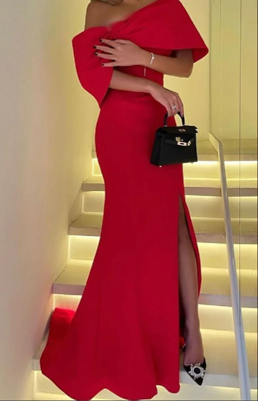 Off The Shoulder Red Mermaid Evening Dress with Split  cc570