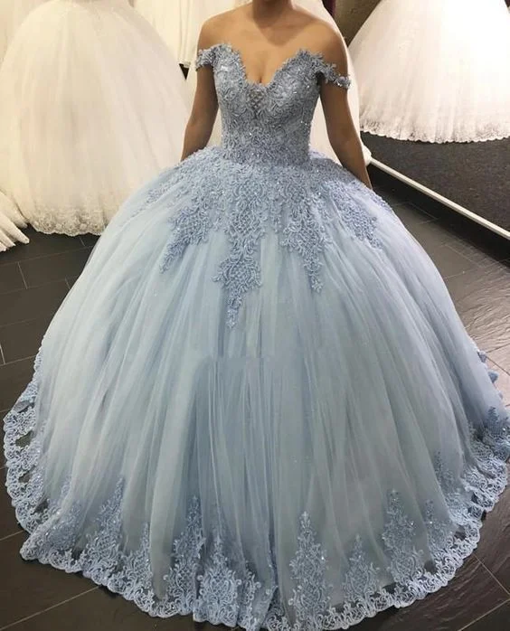 Blue Tulle Appliques Quinceanera Dress Off Shoulder Ball Gown Prom Dresses    cg11474