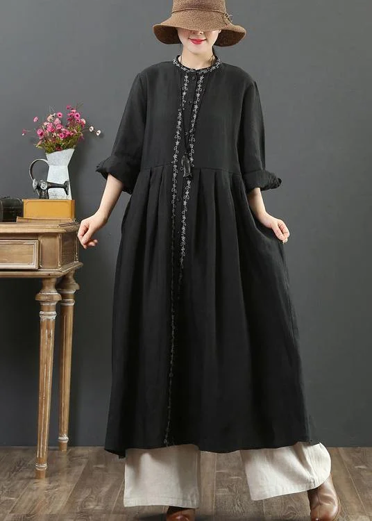 Elegant Black Clothes O Neck Cinched A Line Spring Dresses