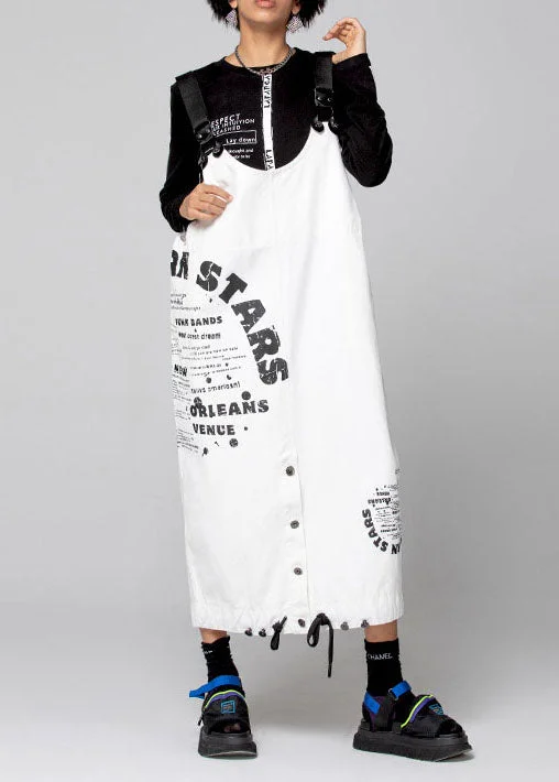 Women White Graphic denim drawstring Dresses Spring