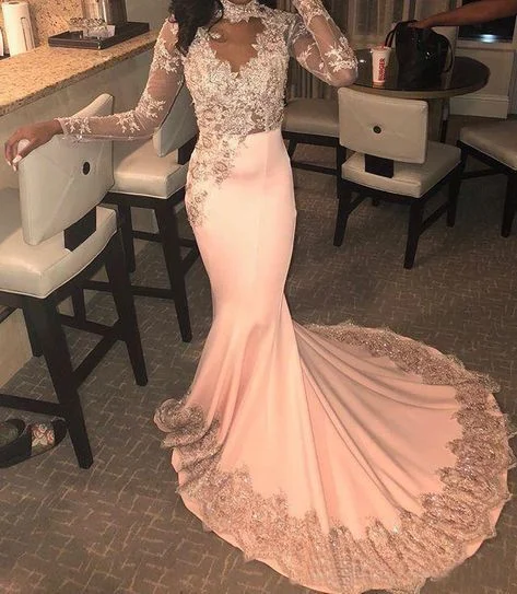 Long Sleeve Pink Mermaid Prom Dress Lace Appliques Beaded High Neck Formal Evening Dresses Party Gowns cg11913 Long Sleeve Pink Mermaid Prom Dress Lace Appliques Beaded High Neck Formal Evening Dresses Party Gowns cg11913