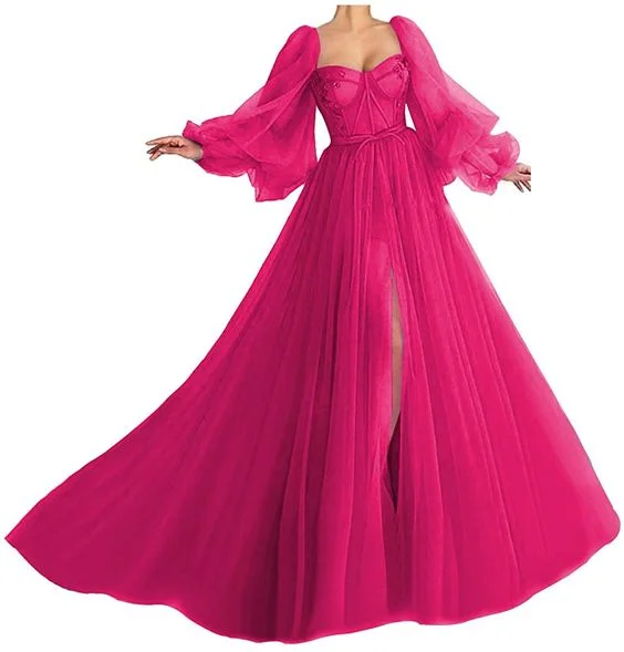 Puffy Sleeve Prom Dress Sweetheart Tulle Ball Gown A Line Princess Wedding Formal Evening Gowns with Split cc285 Puffy Sleeve Prom Dress Sweetheart Tulle Ball Gown A Line Princess Wedding Formal Evening Gowns with Split cc285