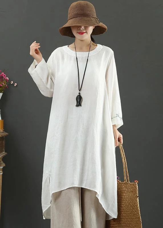French White Embroidery Quilting Clothes O Neck Low High Design Long Spring Dress