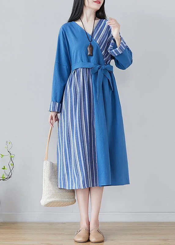 Handmade Blue Striped Tunics For Women V Neck Patchwork Traveling Spring Dresses