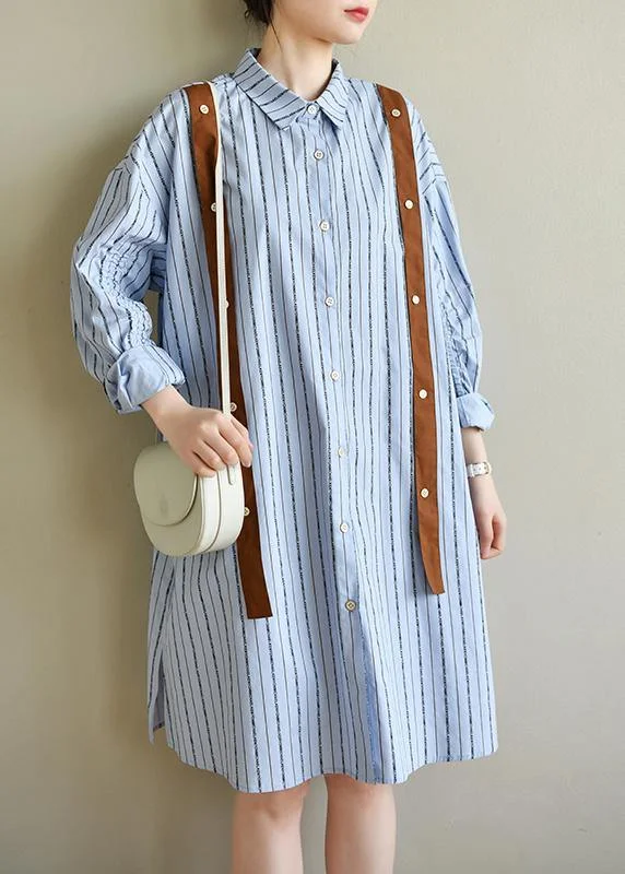 Women Blue Striped Cotton Button Spring Dresses