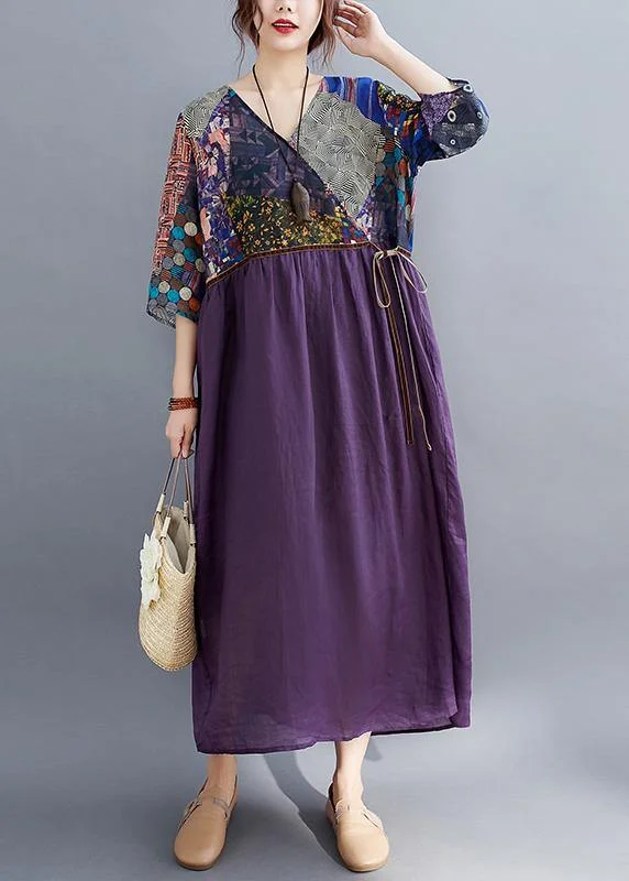 Simple Purple Print Tunic Pattern V Neck Tie Waist Loose Spring Dress