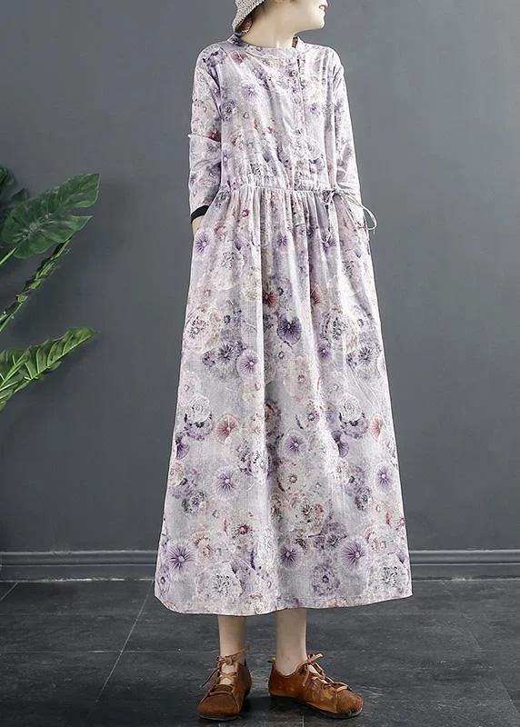 Style Purple Print Drawstring Art Dresses