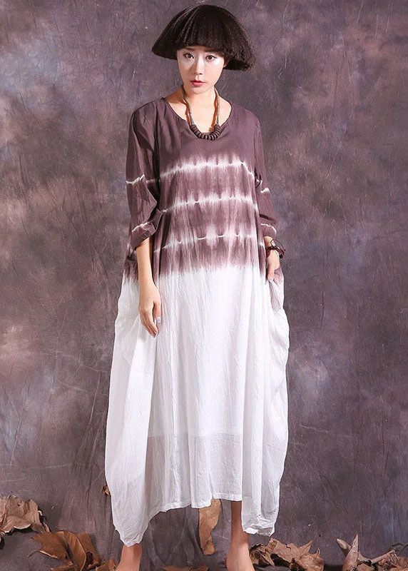 Chocolate Asymmetrical Gradient color Cotton Long Dresses Three Quarter sleeve
