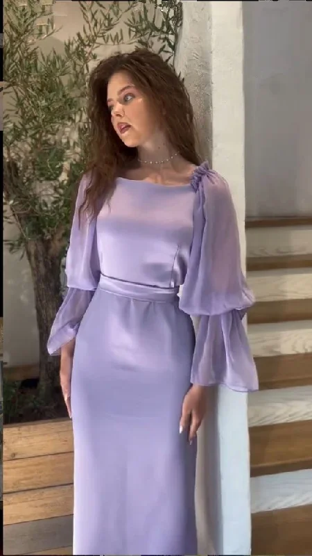Lavender Puff-Sleeve Sheath/Column Evening Dress ,Winter Party Outfit Aesthetic cc594 Lavender Puff-Sleeve Sheath/Column Evening Dress ,Winter Party Outfit Aesthetic cc594